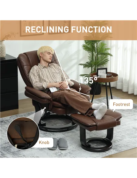 HOMCOM Faux Leather 135° Reclining Chair and Footstool - Brown