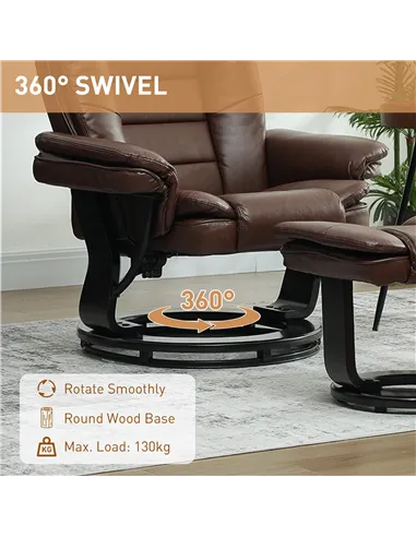 HOMCOM Faux Leather 135° Reclining Chair and Footstool - Brown