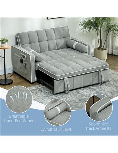 HOMCOM Two-Seater Linen-Look Sofa Bed - Light Grey