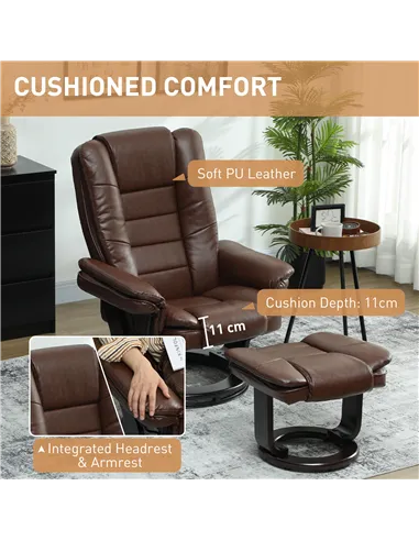 HOMCOM Faux Leather 135° Reclining Chair and Footstool - Brown