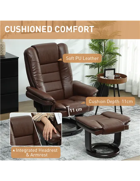 HOMCOM Faux Leather 135° Reclining Chair and Footstool - Brown