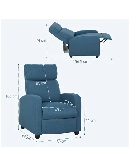 HOMCOM 135° Push Back Recliner Armchair, with Footrest - Blue