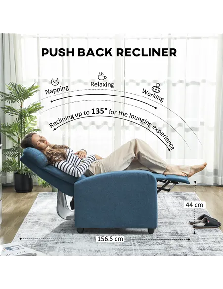 HOMCOM 135° Push Back Recliner Armchair, with Footrest - Blue