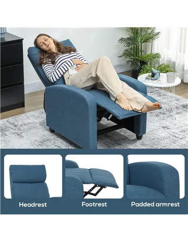 HOMCOM 135° Push Back Recliner Armchair, with Footrest - Blue