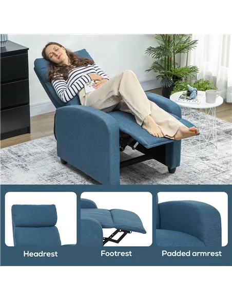 HOMCOM 135° Push Back Recliner Armchair, with Footrest - Blue
