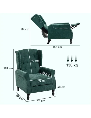 HOMCOM 150° Reclining Vintage Armchair, with footrest - Dark Green