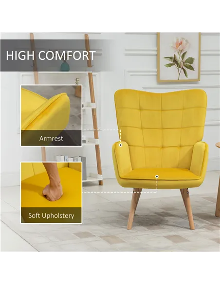 HOMCOM Modern Accent Chair, Upholstered Tufted Wingback Armchair with Seat Padding, Velvet Leisure Lounge Bedroom Chair with Woo