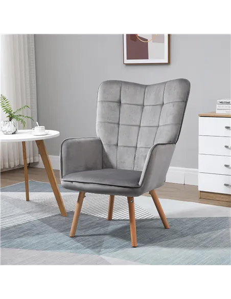 HOMCOM Modern Accent Chair, Upholstered Tufted Wingback Armchair with Seat Padding, Velvet Leisure Lounge Bedroom Chair with Woo