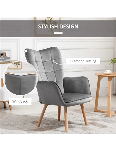 HOMCOM Modern Accent Chair, Upholstered Tufted Wingback Armchair with Seat Padding, Velvet Leisure Lounge Bedroom Chair with Woo