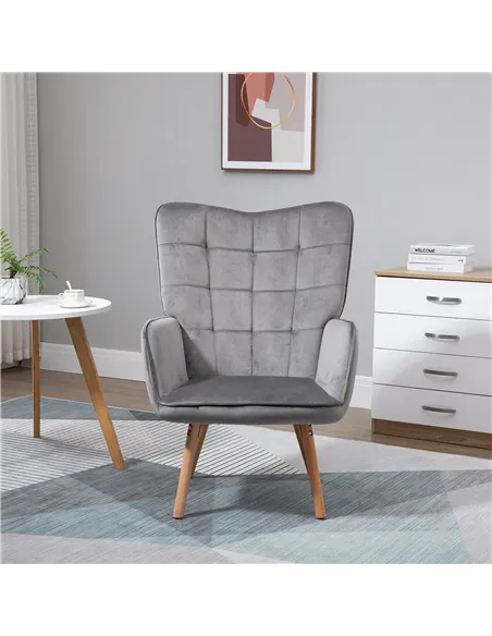 HOMCOM Modern Accent Chair, Upholstered Tufted Wingback Armchair with Seat Padding, Velvet Leisure Lounge Bedroom Chair with Woo