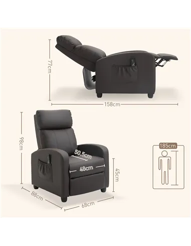 HOMCOM Recliner Armchair, Massage Faux Leather Push Back Reclining Chair with Adjustable Leg Rest, Side Pocket, for Home Living 