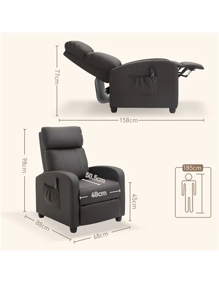 HOMCOM Recliner Armchair, Massage Faux Leather Push Back Reclining Chair with Adjustable Leg Rest, Side Pocket, for Home Living 