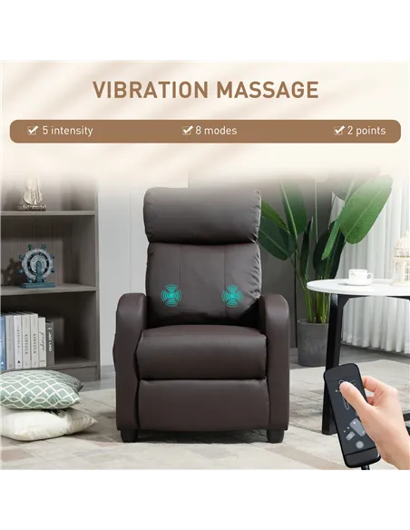 HOMCOM Recliner Armchair, Massage Faux Leather Push Back Reclining Chair with Adjustable Leg Rest, Side Pocket, for Home Living 