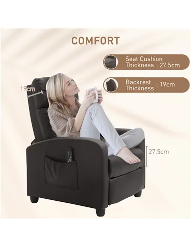 HOMCOM Recliner Armchair, Massage Faux Leather Push Back Reclining Chair with Adjustable Leg Rest, Side Pocket, for Home Living 