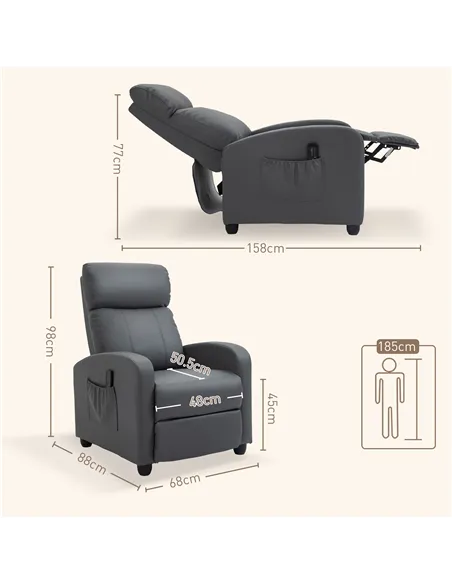 HOMCOM Recliner Armchair, Massage Faux Leather Push Back Reclining Chair with Adjustable Leg Rest, Side Pocket, for Home Living 