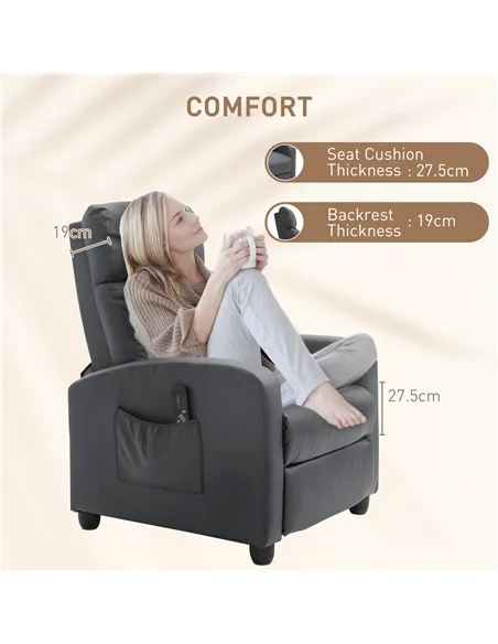 HOMCOM Recliner Armchair, Massage Faux Leather Push Back Reclining Chair with Adjustable Leg Rest, Side Pocket, for Home Living 