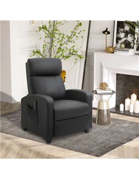 HOMCOM Recliner Armchair, Massage Faux Leather Push Back Reclining Chair with Adjustable Leg Rest, Side Pocket, for Home Living 