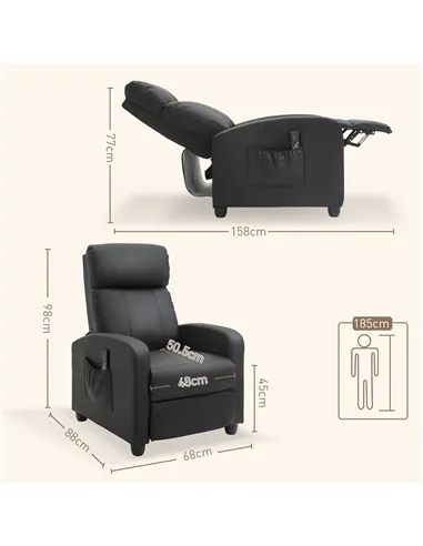 HOMCOM Recliner Armchair, Massage Faux Leather Push Back Reclining Chair with Adjustable Leg Rest, Side Pocket, for Home Living 