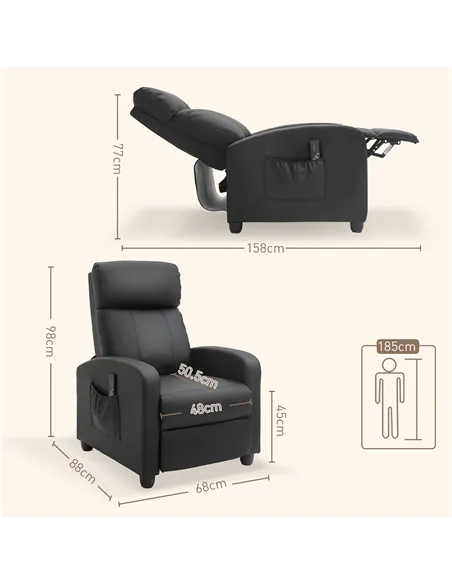 HOMCOM Recliner Armchair, Massage Faux Leather Push Back Reclining Chair with Adjustable Leg Rest, Side Pocket, for Home Living 