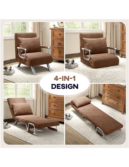 HOMCOM 4-in-1 Faux Suede Chair Bed - Coffee