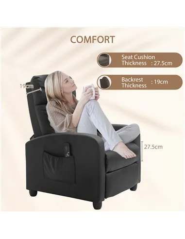 HOMCOM Recliner Armchair, Massage Faux Leather Push Back Reclining Chair with Adjustable Leg Rest, Side Pocket, for Home Living 