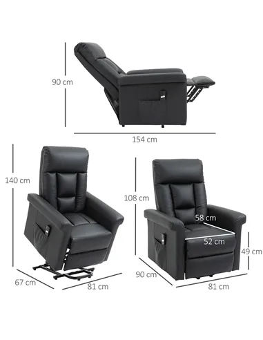 HOMCOM Power Lift Chair Armchair for the Elderly, PU Leather Recliner Chair with Extended Footrest, Remote Control and Side Pock