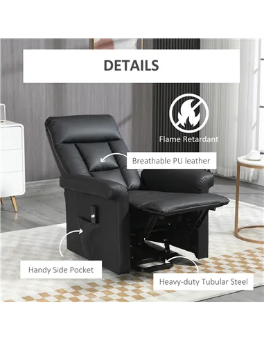 HOMCOM Power Lift Chair Armchair for the Elderly, PU Leather Recliner Chair with Extended Footrest, Remote Control and Side Pock