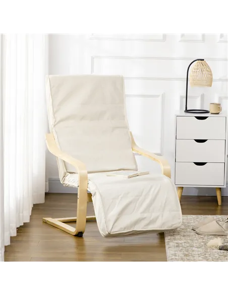 HOMCOM Wooden Armchair, Upholstered Linen Lounge Chair with Adjustable Footrest & Removable Cushion, Poang Chair for Living Room