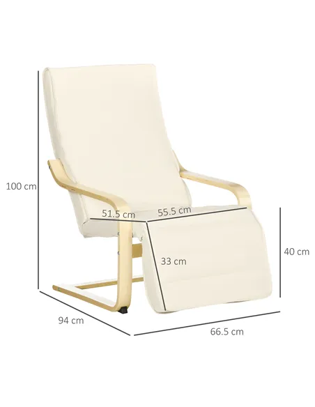 HOMCOM Wooden Armchair, Upholstered Linen Lounge Chair with Adjustable Footrest & Removable Cushion, Poang Chair for Living Room
