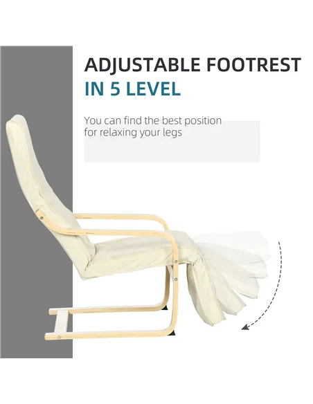 HOMCOM Wooden Armchair, Upholstered Linen Lounge Chair with Adjustable Footrest & Removable Cushion, Poang Chair for Living Room