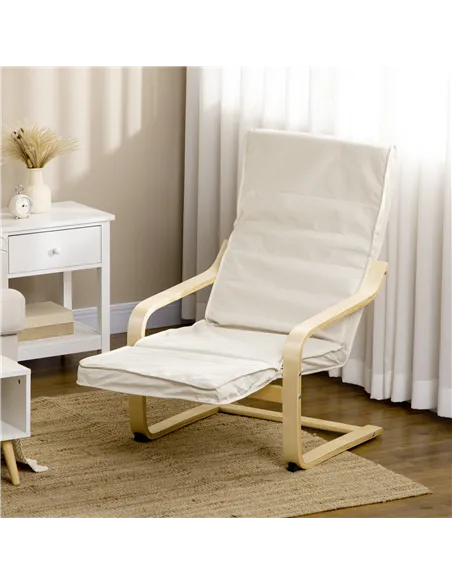 HOMCOM Wooden Armchair, Upholstered Linen Lounge Chair with Adjustable Footrest & Removable Cushion, Poang Chair for Living Room