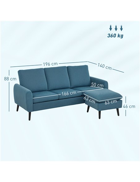 HOMCOM 3 Seater Sofa with Ottoman, 196cm Corduroy L-shaped Sofa Couch with Scatter Back, Reversible Chaise Lounge for Living Roo