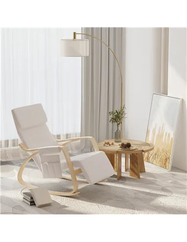 HOMCOM Rocking Lounge Chair Recliner Relaxation Lounging Relaxing Seat with Adjustable Footrest, Side Pocket and Pillow, Cream W