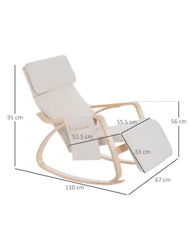 HOMCOM Rocking Lounge Chair Recliner Relaxation Lounging Relaxing Seat with Adjustable Footrest, Side Pocket and Pillow, Cream W