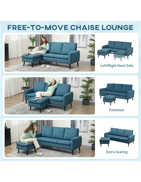 HOMCOM 3 Seater Sofa with Ottoman, 196cm Corduroy L-shaped Sofa Couch with Scatter Back, Reversible Chaise Lounge for Living Roo