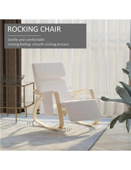 HOMCOM Rocking Lounge Chair Recliner Relaxation Lounging Relaxing Seat with Adjustable Footrest, Side Pocket and Pillow, Cream W