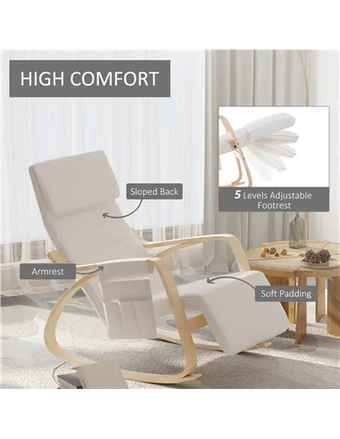 HOMCOM Rocking Lounge Chair Recliner Relaxation Lounging Relaxing Seat with Adjustable Footrest, Side Pocket and Pillow, Cream W