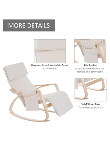 HOMCOM Rocking Lounge Chair Recliner Relaxation Lounging Relaxing Seat with Adjustable Footrest, Side Pocket and Pillow, Cream W