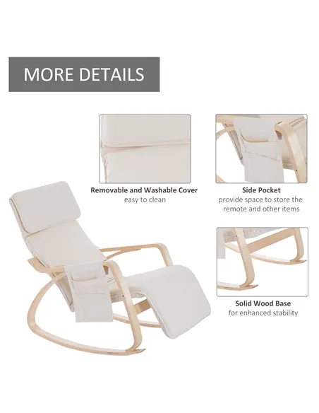 HOMCOM Rocking Lounge Chair Recliner Relaxation Lounging Relaxing Seat with Adjustable Footrest, Side Pocket and Pillow, Cream W