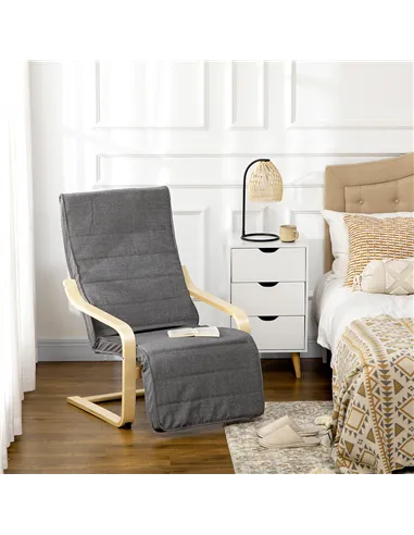 HOMCOM Wooden Armchair, Upholstered Linen Lounge Chair with Adjustable Footrest & Removable Cushion, Poang Chair for Living Room