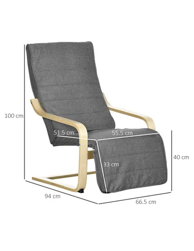 HOMCOM Wooden Armchair, Upholstered Linen Lounge Chair with Adjustable Footrest & Removable Cushion, Poang Chair for Living Room