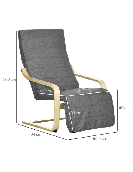 HOMCOM Wooden Armchair, Upholstered Linen Lounge Chair with Adjustable Footrest & Removable Cushion, Poang Chair for Living Room