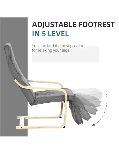 HOMCOM Wooden Armchair, Upholstered Linen Lounge Chair with Adjustable Footrest & Removable Cushion, Poang Chair for Living Room