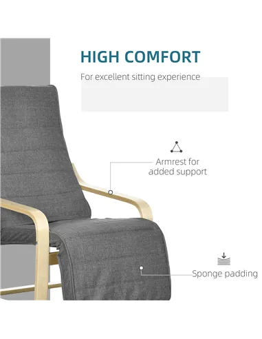 HOMCOM Wooden Armchair, Upholstered Linen Lounge Chair with Adjustable Footrest & Removable Cushion, Poang Chair for Living Room