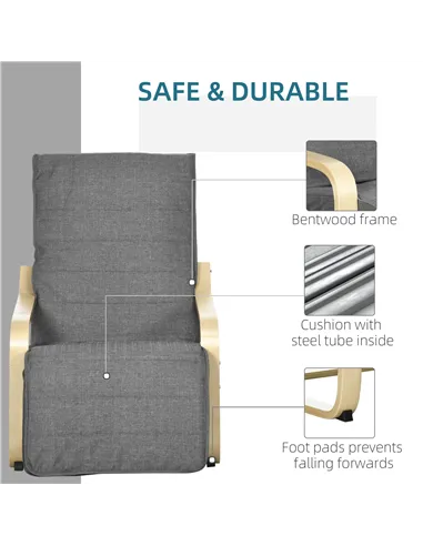 HOMCOM Wooden Armchair, Upholstered Linen Lounge Chair with Adjustable Footrest & Removable Cushion, Poang Chair for Living Room