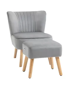 HOMCOM Velvet Accent Chair Occasional Tub Seat Padding Curved Back with Ottoman Wood Frame Legs Home Furniture Light Grey