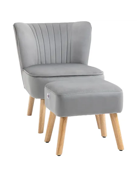 HOMCOM Velvet Accent Chair Occasional Tub Seat Padding Curved Back with Ottoman Wood Frame Legs Home Furniture Light Grey