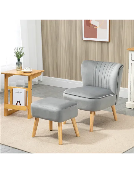 HOMCOM Velvet Accent Chair Occasional Tub Seat Padding Curved Back with Ottoman Wood Frame Legs Home Furniture Light Grey