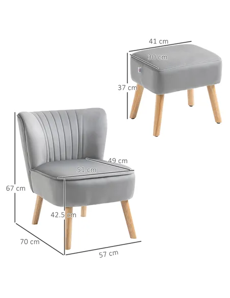 HOMCOM Velvet Accent Chair Occasional Tub Seat Padding Curved Back with Ottoman Wood Frame Legs Home Furniture Light Grey