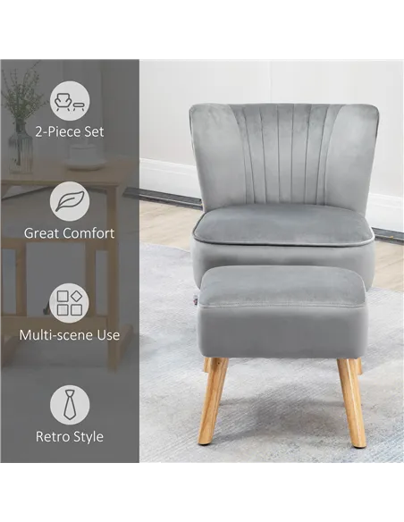 HOMCOM Velvet Accent Chair Occasional Tub Seat Padding Curved Back with Ottoman Wood Frame Legs Home Furniture Light Grey